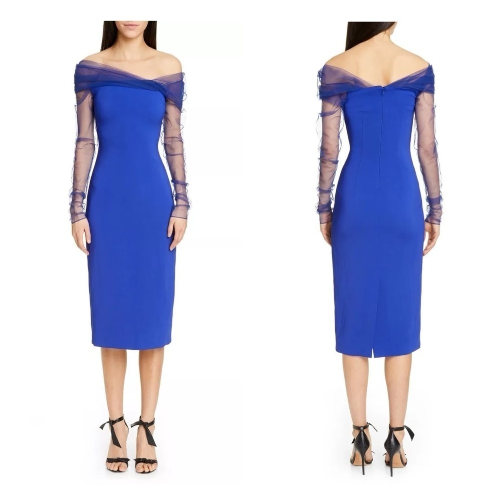 Cushnie Blue Midi Dress Sheath 4 Cocktail Party Wedding Guest Tulle Mesh NWT 🟡